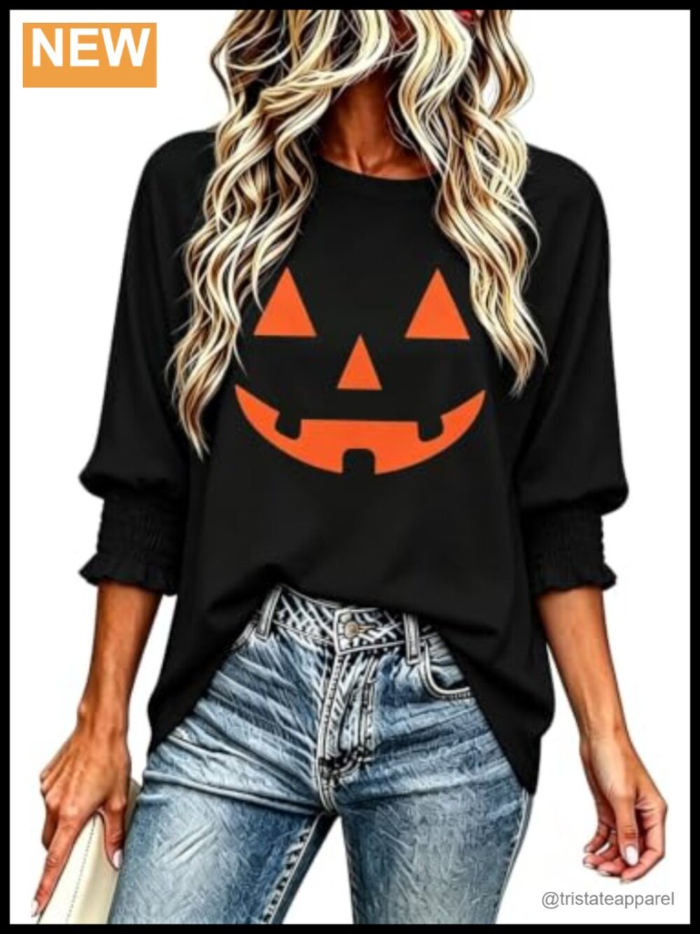 Women's Halloween Pumpkin Graphic Blouse 3/4 Sleeve Smocked Cuff Top